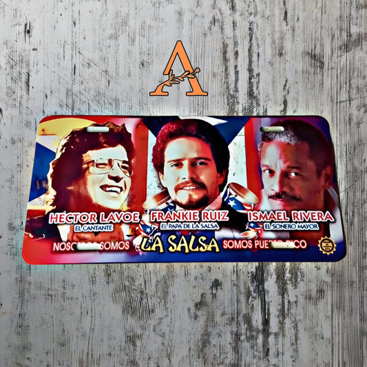 Vibrant 3 Salsa Singers Aluminum License Plate - 6x12 Size - Hector Lavoe , Frankie Ruiz and Ismael Rivera